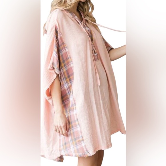 Hali & Oli Oversized Hooded Tunic with plaid Patchwork NWT - Picture 2 of 7